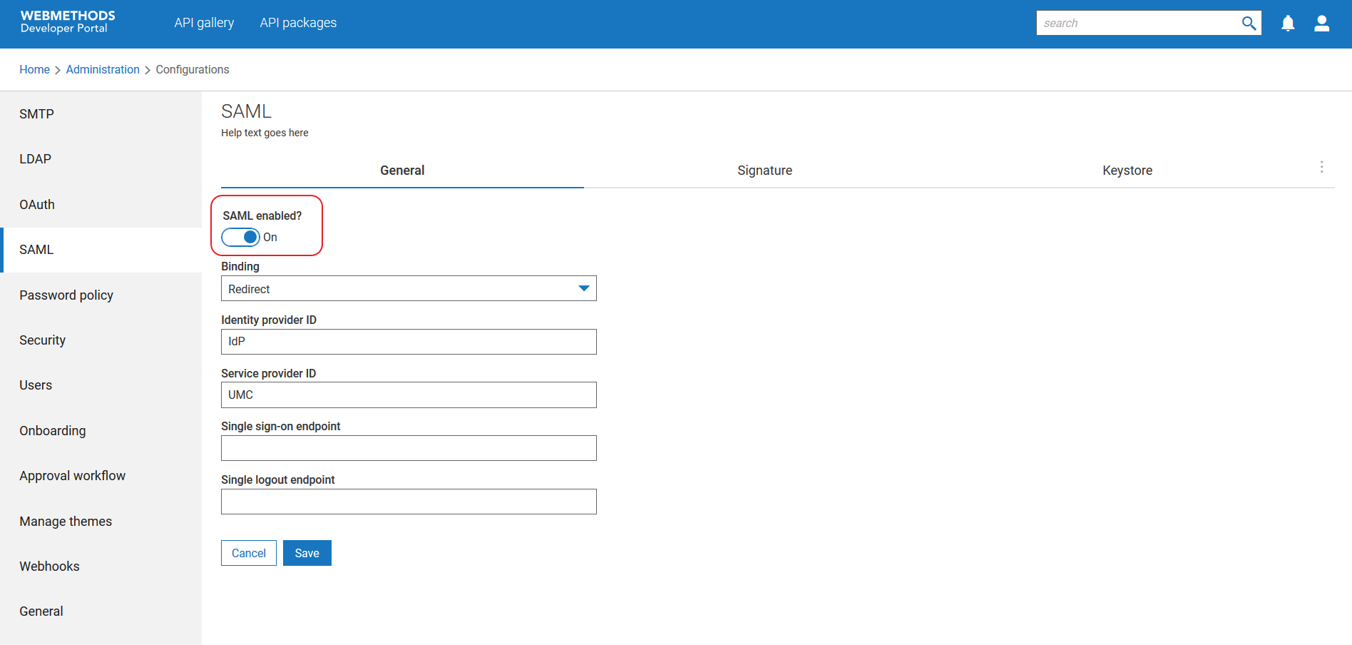 SAML enabling option