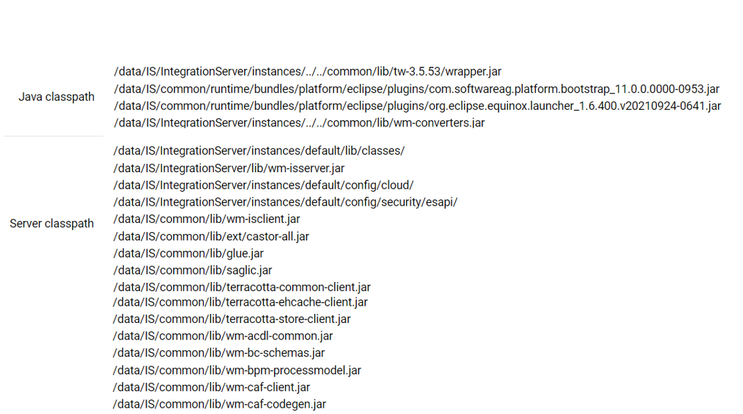 Example of the Integration Server classpath displayed in Integration Server Administrator