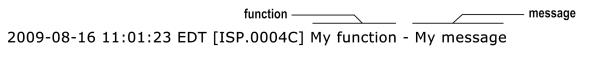 Illustration of a log message that contains a timestamp, a message ID, the function name field, and message field.